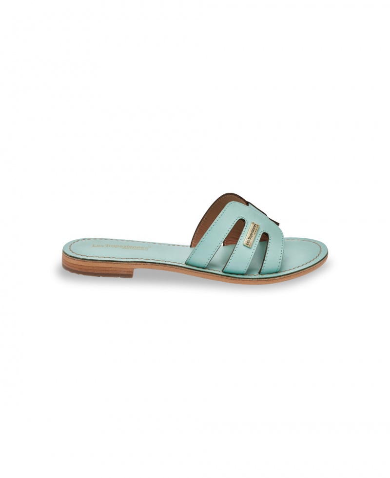 Mules plates Les Tropeziennes DAMIA Cuir Aqua Femme|UZAV-11979567